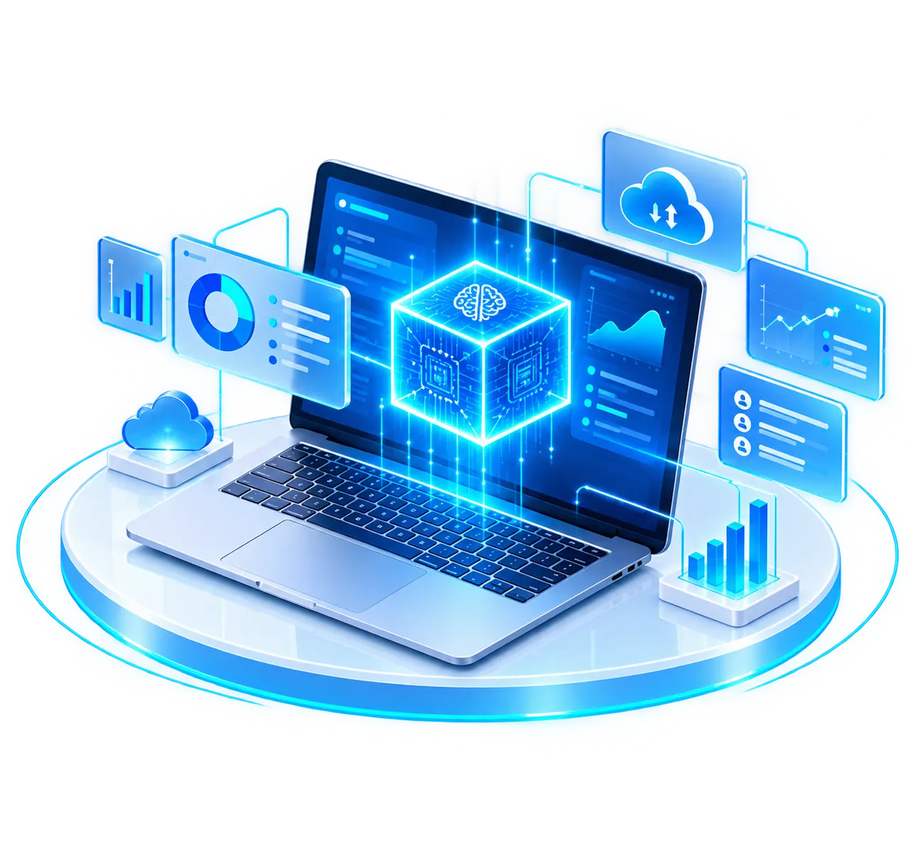 AI-powered enterprise solutions with futuristic AI chip and analytics dashboards